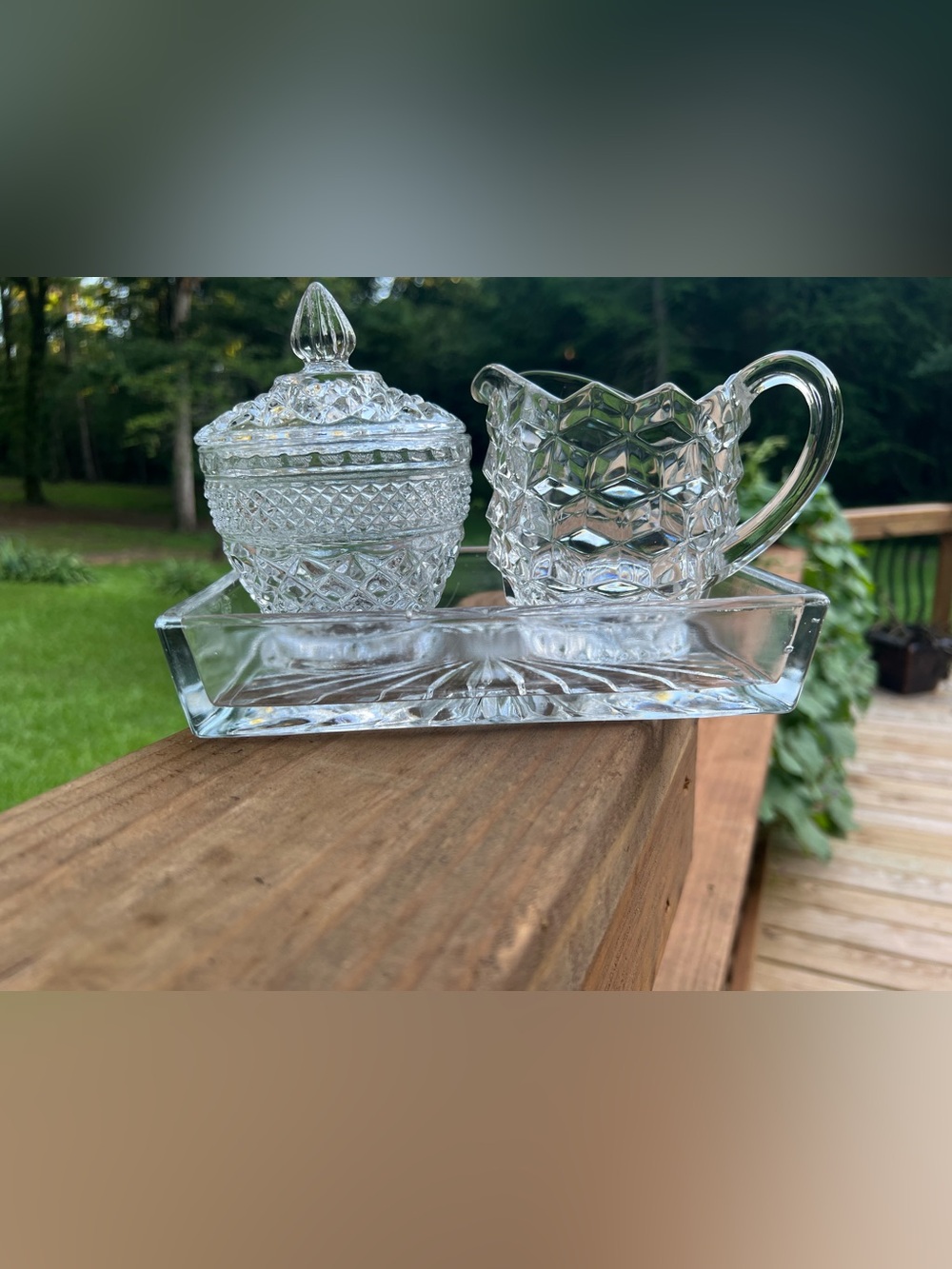4 pc-Vintage Anchor Hocking Glass Wexford Crystal Creamer & Sugar Bowl with Tray